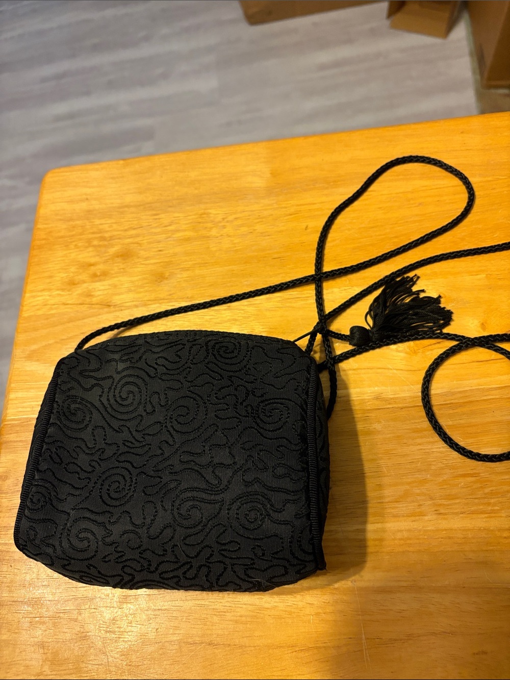 Black Embroidered Crossbody Bag with Tassel